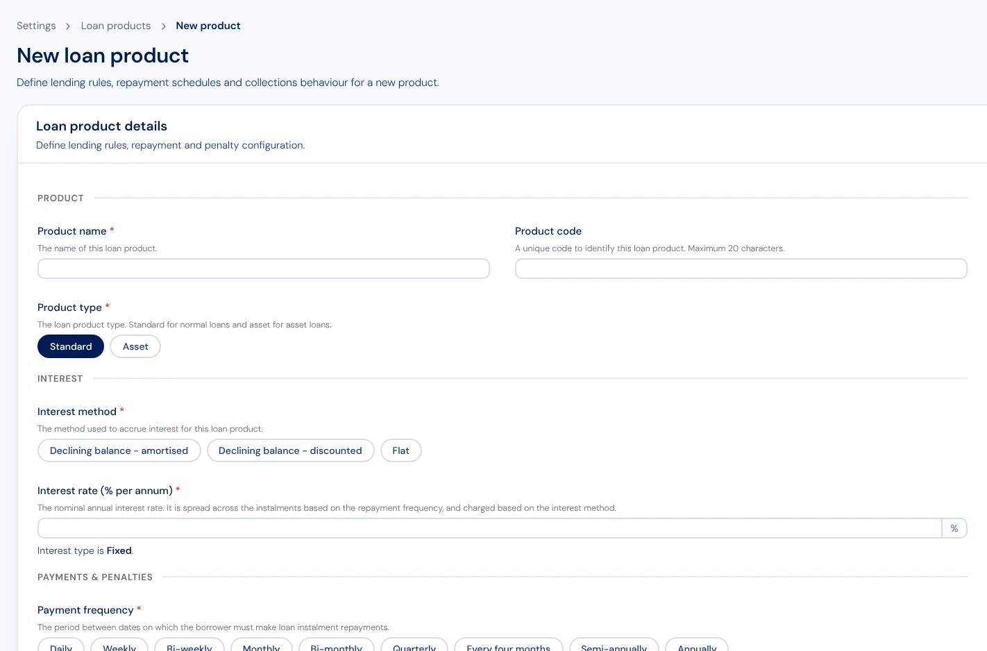Mobis new loan product form showing interest method, rate, payment frequency, penalty rate and grace period