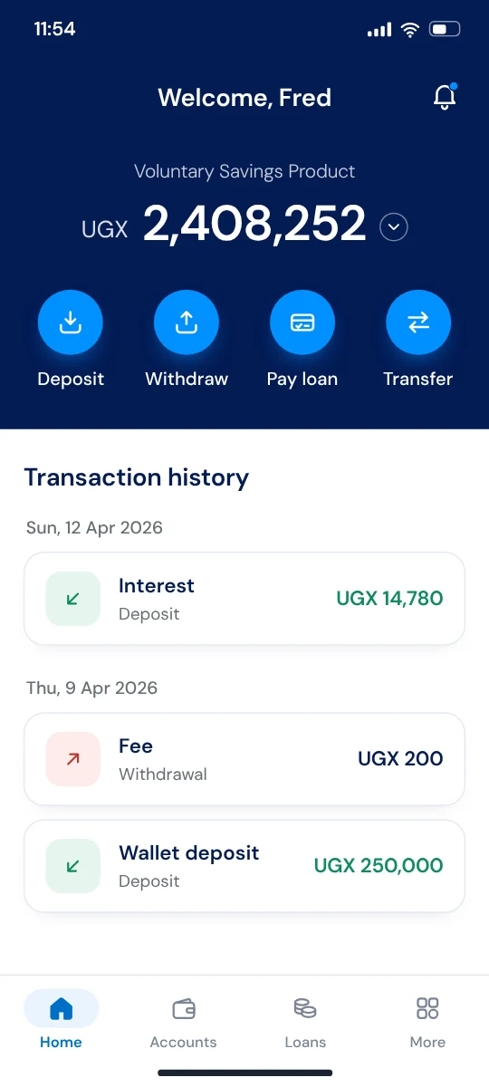 Mobis customer app home screen with balance, deposit, withdraw, pay loan and transfer actions